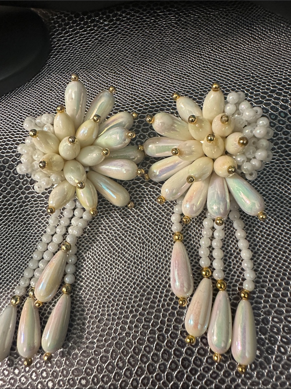 Vintage Elegant Iridescent White Beaded Drop pierced